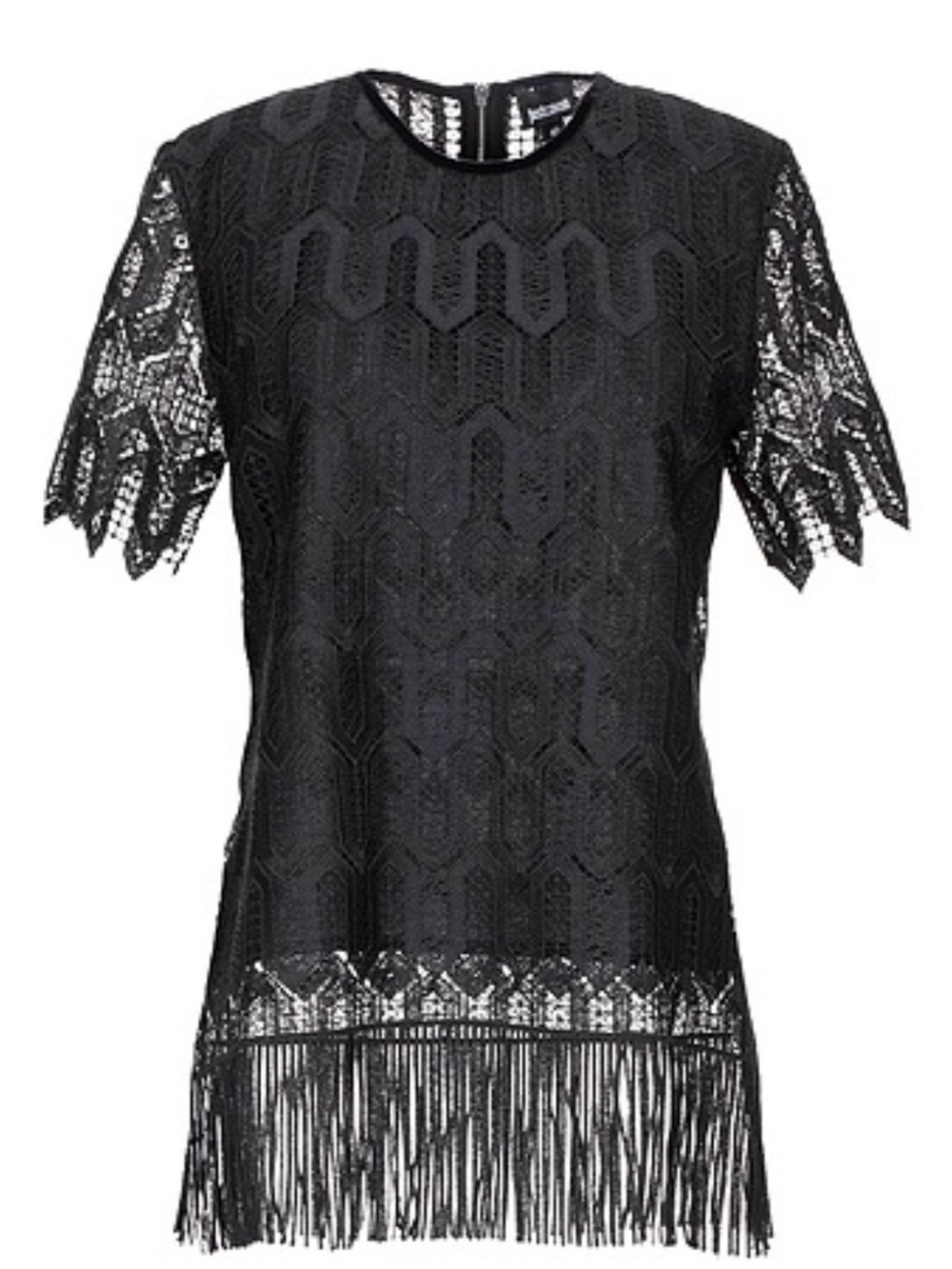 Just Cavalli Black Lace Fringe Short-Sleeve Blouse. Size IT 38. PTP 17in